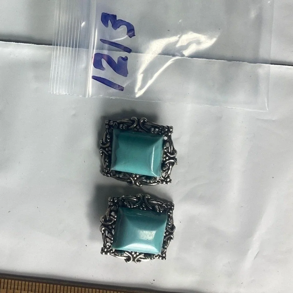 Turquoise Square Gemstone Dangle Earrings‎ Silver Tone Vintage Style